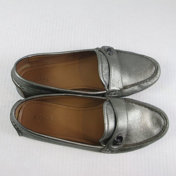 COACH Flash Metallic Leather Loafers 8 Silver Pewter Driving Flats A9377 - Picture 6 of 9